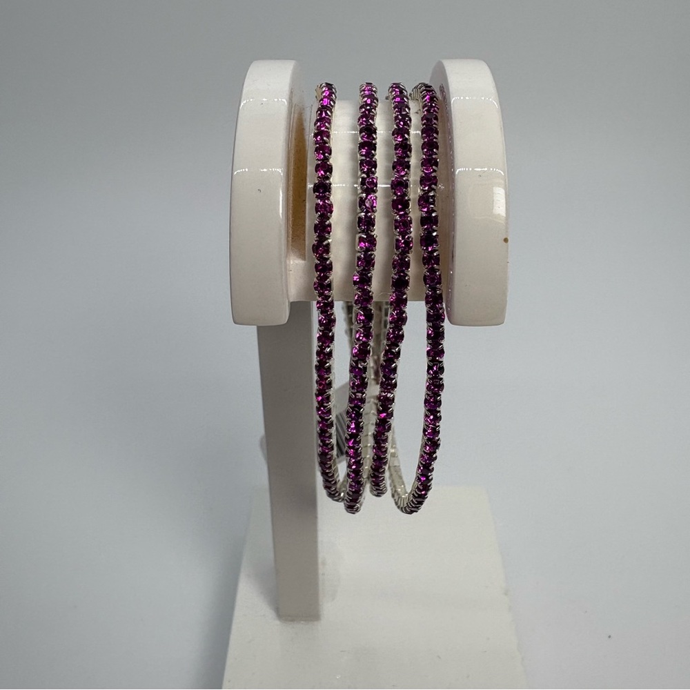 Purplish-Pink Crystal Rhinestone Stretch Bracelet in Silver Tone